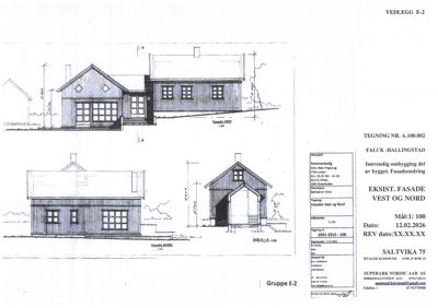 Fasadetegning som viser bygningens utseende fra vest og nord.