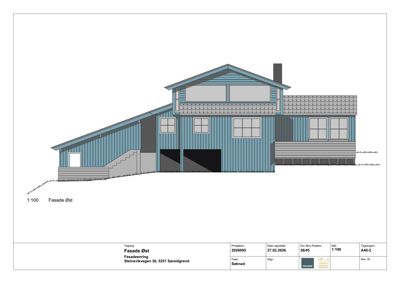 Fasadetegning (opprikk) av en bygning sett fra øst, med visuell fremstilling av fasadematerialer, vinduer, dører og trapp.