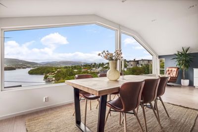 Fotografi av et moderne spisestueinteriør med utsikt over en fjord og by.