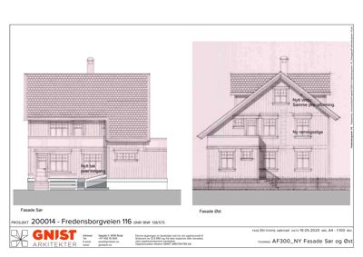 Fasadetegning som viser Sør- og Østfasade for en bygning med merknader om endringer.