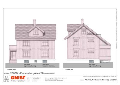 Fasadetegning som viser bygningens utseende fra nord og vest med detaljer om vinduer og tak.