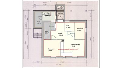 Etasjeplan (1. etasje) som viser romfordeling, arealer og dimensjoner for en bolig.