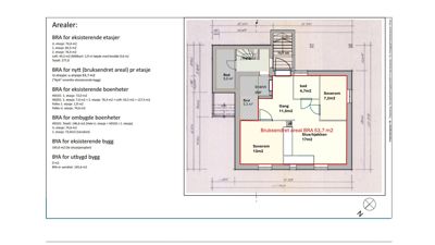 Etasjeplan med romfordeling, mål og arealoppsummering (BRA, BYA) for en bolig.