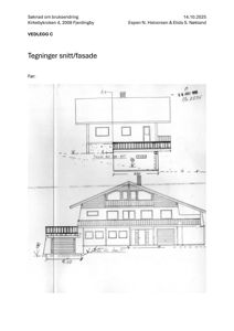 Tegning som viser både et snitt og fasadeoppriks av en bygning.