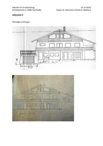 Bildet viser to tegninger av bygningens fasade (framside). Den øverste er en linjetegning, mens den nederste er en håndtegning på millimeterpapir.