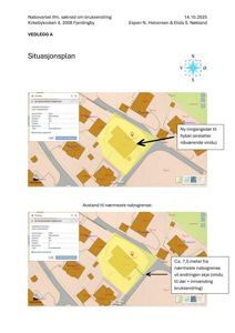 Situasjonsplan som viser bygningens plassering i forhold til nabogrenser og eiendomsgrenser.