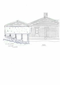 En håndtegnet fasadetegning (opprikk) av en bygning sett fra vest, som viser takform, vinduer, veggmønster og terrengforhold.
