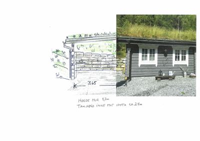 Et fotografi av en hytte med grønt tak, kombinert med en håndtegnet skisse som illustrerer en snittprofil av veggen og takhøyde.