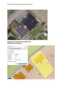 Bildet viser en situasjonsplan (tomtekart) med et flyfoto av eiendommen øverst og en kartvisning med eiendomsgrenser nederst.