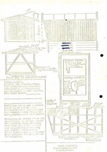Teknisk tegning som viser detaljer for en garasje, inkludert fasade, tak, ramme og grunnplan.