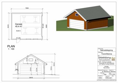 Bildet viser et etasjeplan (PLAN) for en garasje med mål og romfordeling, samt en 3D-visualisering av fasaden.
