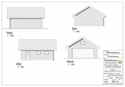 Fasadetegning som viser bygningens utseende fra alle fire sider (Vest, Øst, Nord, Sør).
