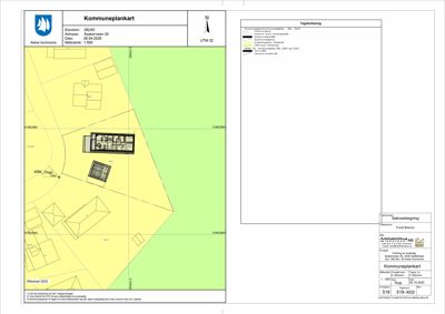 Kommuneplankart som viser eiendomsgranser, bygningers plassering og arealbruk.