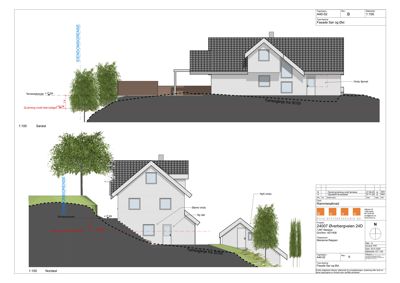 Fasadetegning som viser bygningens utseende fra sør og nord, inkludert takform, vinduer, dører og terrengforhold.