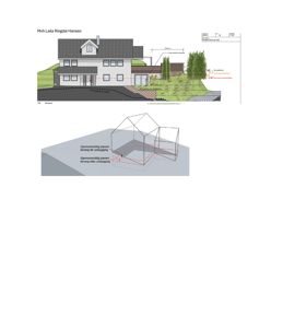 Bildet viser en fasadetegning (opprikk) av en bygning sett fra nordvest, inkludert terrengforhold og en 3D-visualisering av terrengendringer.