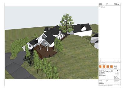 3D-visualisering (rendering) av et hus med omgivende terreng og beplantning.