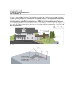 3D-visualisering av en bolig med utvidelse, inkludert snittvisning og terrengforhold.