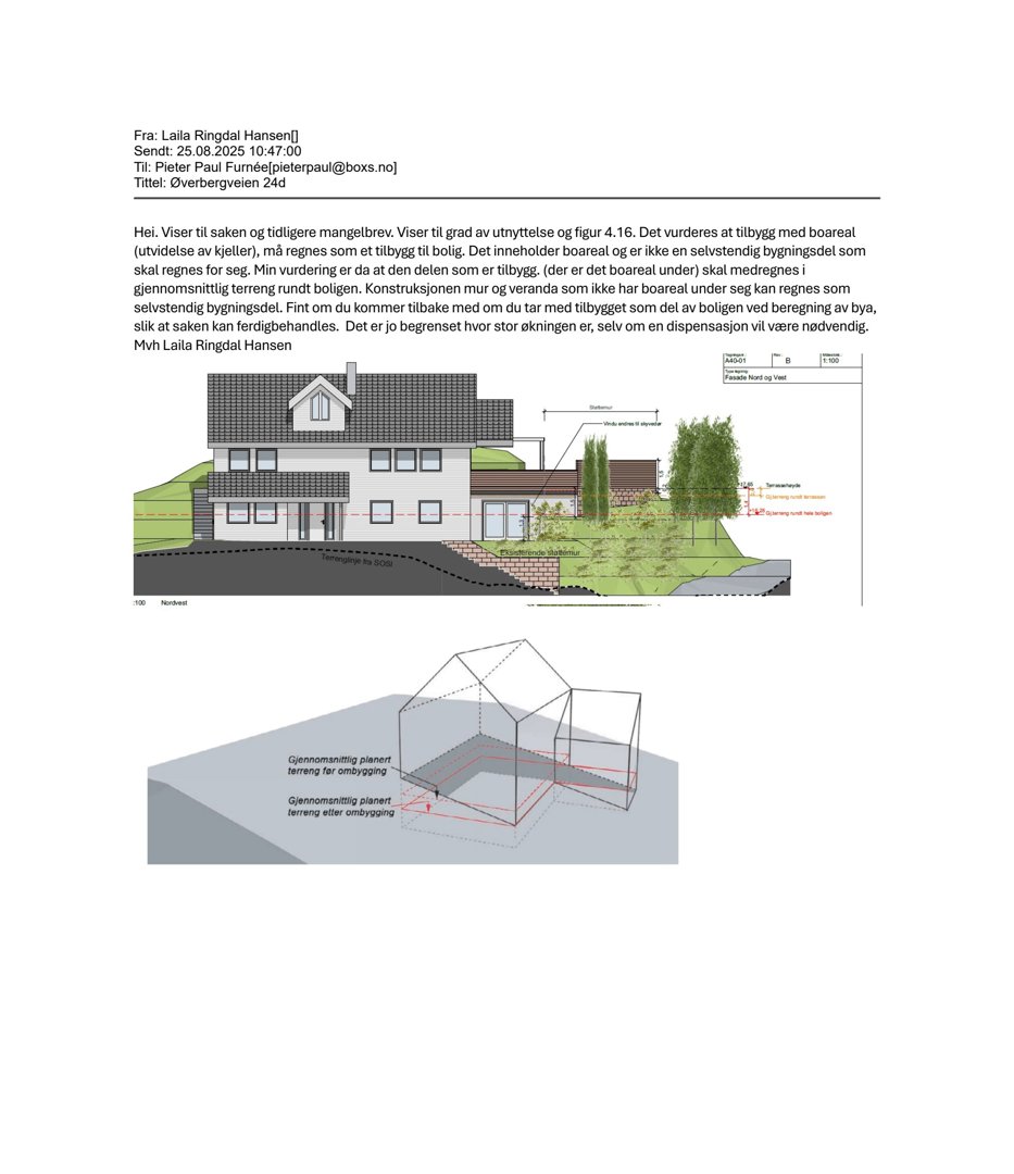 Bildet viser en 3D-visualisering (rendering) av en bolig med omgivende terreng, samt en teknisk illustrasjon som viser nivåforskjeller før og etter ombygging.