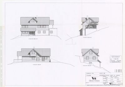 Fasadetegning som viser bygningens utseende fra fire ulike vinkler (Nord-Vest, Sør-Vest, Nord-Øst og Sør-Øst).