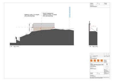 Snittegning som viser tverrsnitt gjennom en støttemur og terrengforhold.