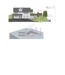 Oppriss av bygning sett fra vest (Vest) med detaljer om terreng, vegger og tak.