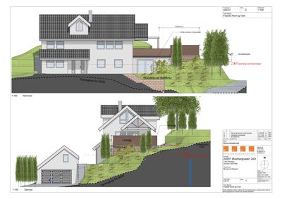Fasadetegning som viser bygningens utseende fra nordvest og sørvest, inkludert terrengforhold og detaljer.