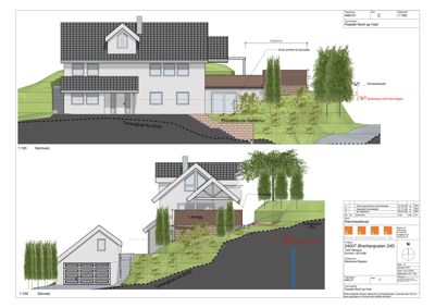 Fasadetegning som viser bygningens utseende fra nordvest og sørvest, inkludert terrengforhold, trapper og detaljer.