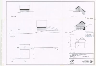 Fasadetegning for en garasje med oppriss fra flere vinkler (SØ, NØ, VEST) og et snitt (SNIITT A-A).