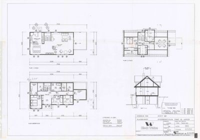 Bildet viser en tegning med etasjeplaner (Plan 1, Plan 2) og en snittegning for en bolig.