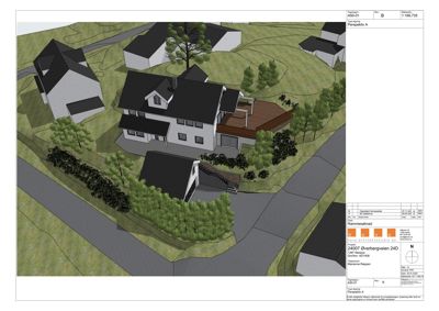 3D-visualisering (perspektiv) av et hus og omgivelsene, inkludert nabohus, vegger, tak, trær og terreng.