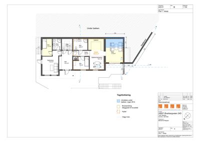 Etasjeplan (Plan 1. etasje) som viser romfordeling, arealer og veggforhold for en hybel.