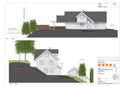 Fasadetegning som viser bygningens utseende fra sør og øst, inkludert takform, vinduer, dører og terrengforhold.
