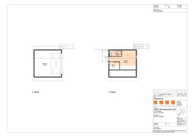 Etasjeplaner for en garasje (1. etasje) og etasje over (2. etasje) med romoppdeling og arealoppsett.
