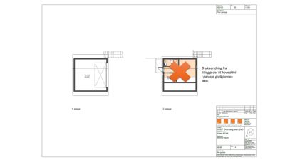 Etasjeplaner for 1. og 2. etasje med romfordeling, vegger og en tekstnotat om bruksendring.