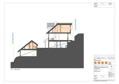 Bygningssnitt A som viser tverrsnittet gjennom huset, inkludert etasjer, takhøyder og grunnforhold.