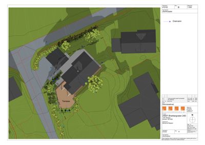 3D-visualisering (rendering) av et utomhusplan med terrengform, beplantning og bygninger.