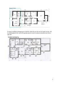 Bildet viser to plantegninger av en bolig: en eksisterende plan ('Dagens bruk') og en godkjent plan ('Godkjent plantegning'). Begge viser romfordeling, dører, vinduer og arealer.