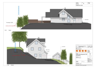 Fasadetegning som viser bygningens utseende fra sør og nord, inkludert takform, vinduer, dører og terrengforhold.