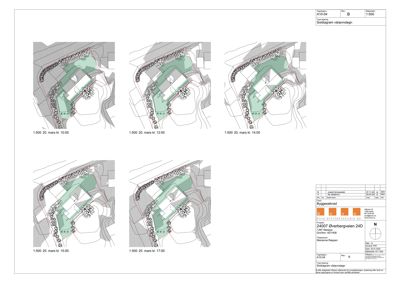 Situasjonsplan som viser solforhold (solskapsanalyse) for et byggeprosjekt på ulike tidspunkt om dagen.