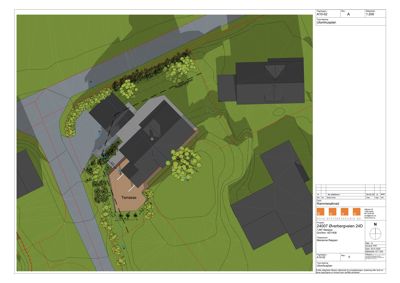 En 3D-visualisering (rendering) av et utomhusplan med bygning, terreng og beplantning.