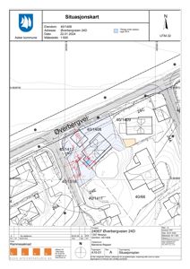 Situasjonskart som viser eiendommen 40/1408 i forhold til nabolaget, med angitte naboeiendommer (f.eks. 40/1409, 24C), veier (Øverbergveien) og topografi.