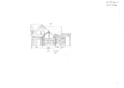 En håndtegnet fasadeopprikk (fra front) av en bygning med mål og skriftlig notat om 'FRONT ELEVATION'.