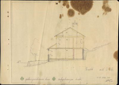 Snittegning av 'pikespeidernes hus' og 'zephyrhaugen bodd' med mål 1:100, tegnet av Biddo i april 1949.