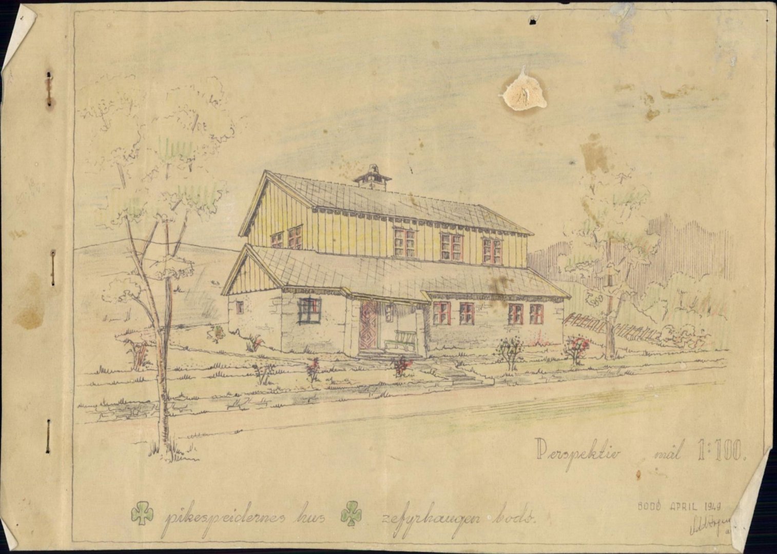 En håndtegnet perspektivtegning (rendering) av et hus med omgivelser, inkludert trær og terreng.