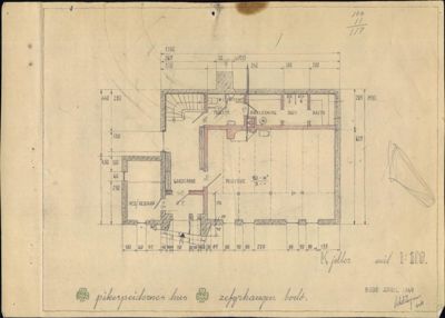 Etasjeplan (Kjeller) med romfordeling, dimensjoner og tekniske merkelapper.