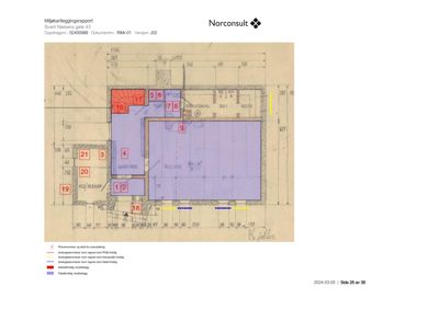 Etasjeplan (plantegning) som viser romfordeling, mål og soner for asbestholdig eller friholdig belegg i et bygg.