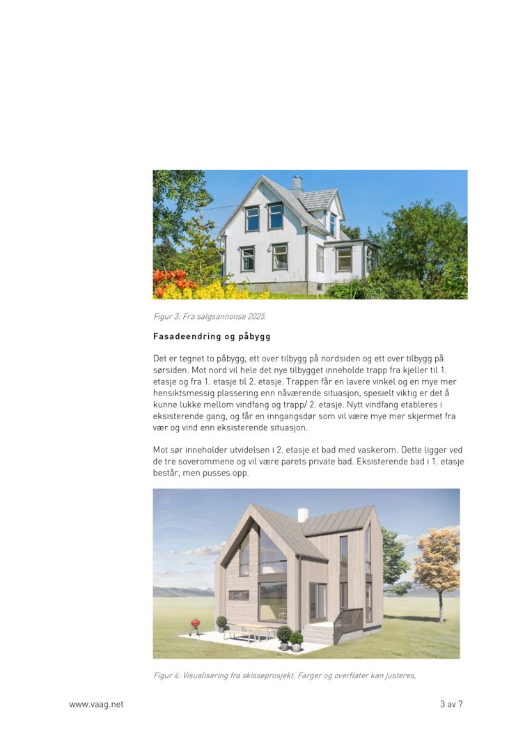 Fotografi av en eksisterende hvit villa med grå tak og omgitt av trær og busker.