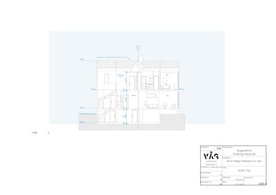 Snittegning (Snitt C Ny) som viser bygningens tverrsnitt, høyder, romfordeling og konstruksjon.