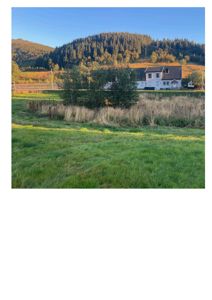 Fotografi av en hvit hus i en landsbygdsetting med skogdekket bakke i bakgrunnen.