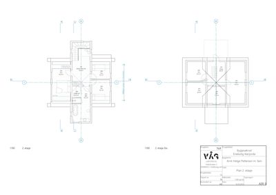 Plantegning av 2. etasje som viser romfordeling, størrelser og orientering for to ulike alternativer (Løten og Eiks).